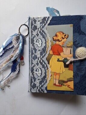 Diary Junk Journal Lace ribbon Keyring - Blue and White Handmade